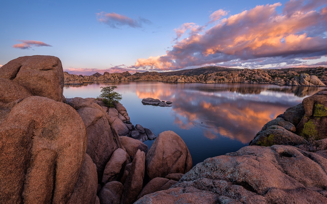 granite dells, lake, evening, sunset, stones, boulders of granite, prescott, arizona