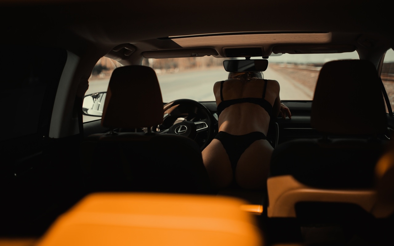 women, alexander belavin, black lingerie, ass, women with cars, back, brunette, car
