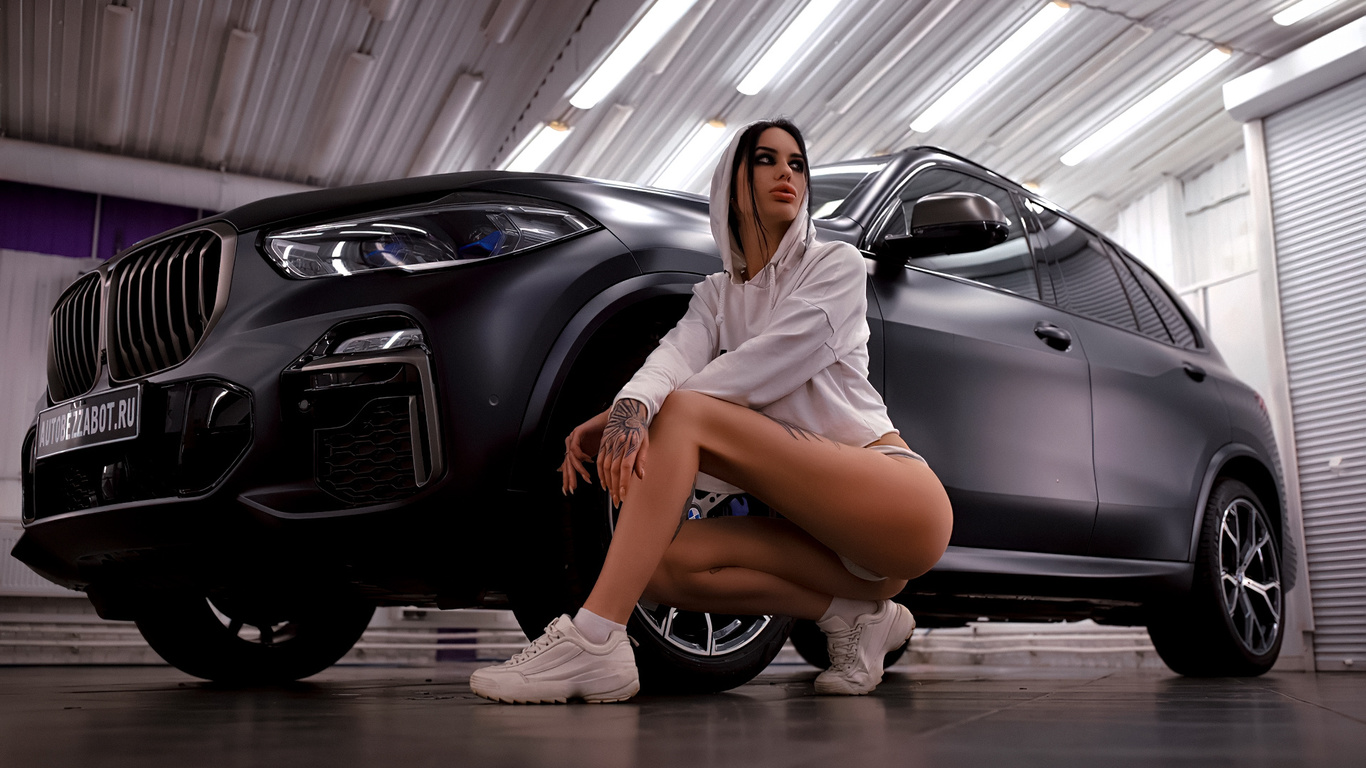 women, squatting, sneakers, white panties, hoods, white sweater, car, white socks, women with cars, ass, women indoors