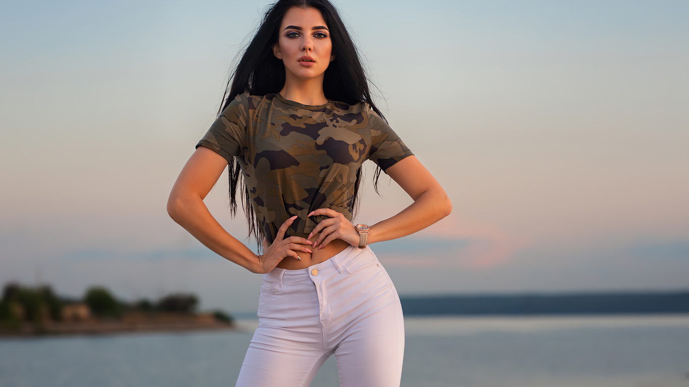 girl, model, white, jeans, looking, at viewer