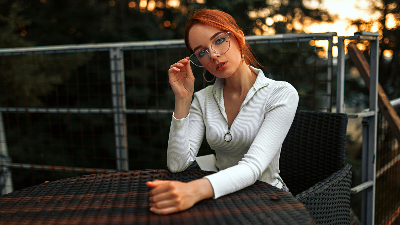 women, redhead, chair, table, women outdoors, hoop earrings, sitting, portrait, women with glasses, glasses