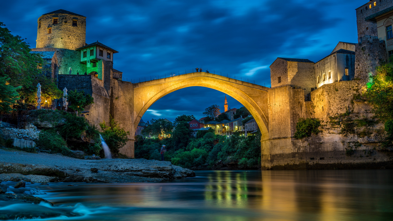 mostar, neretva river, evening, sunset, stone bridge, river, landmark, bosnia and herzegovina