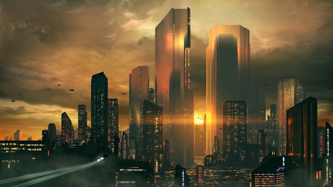 futuristic cityscape, skyscrapers, sunset