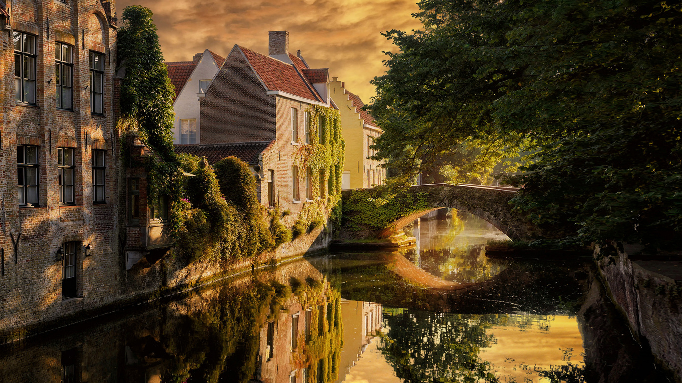 bruges, stone bridge, evening, sunset, brick buildings, brugge, cityscape, belgium