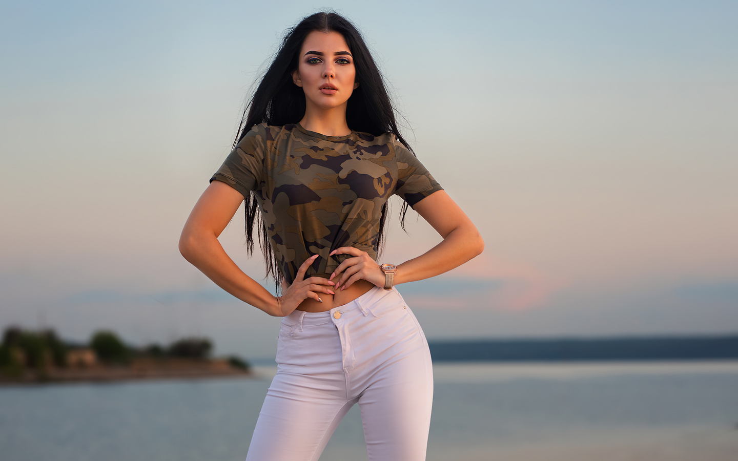 girl, model, white, jeans, looking, at viewer