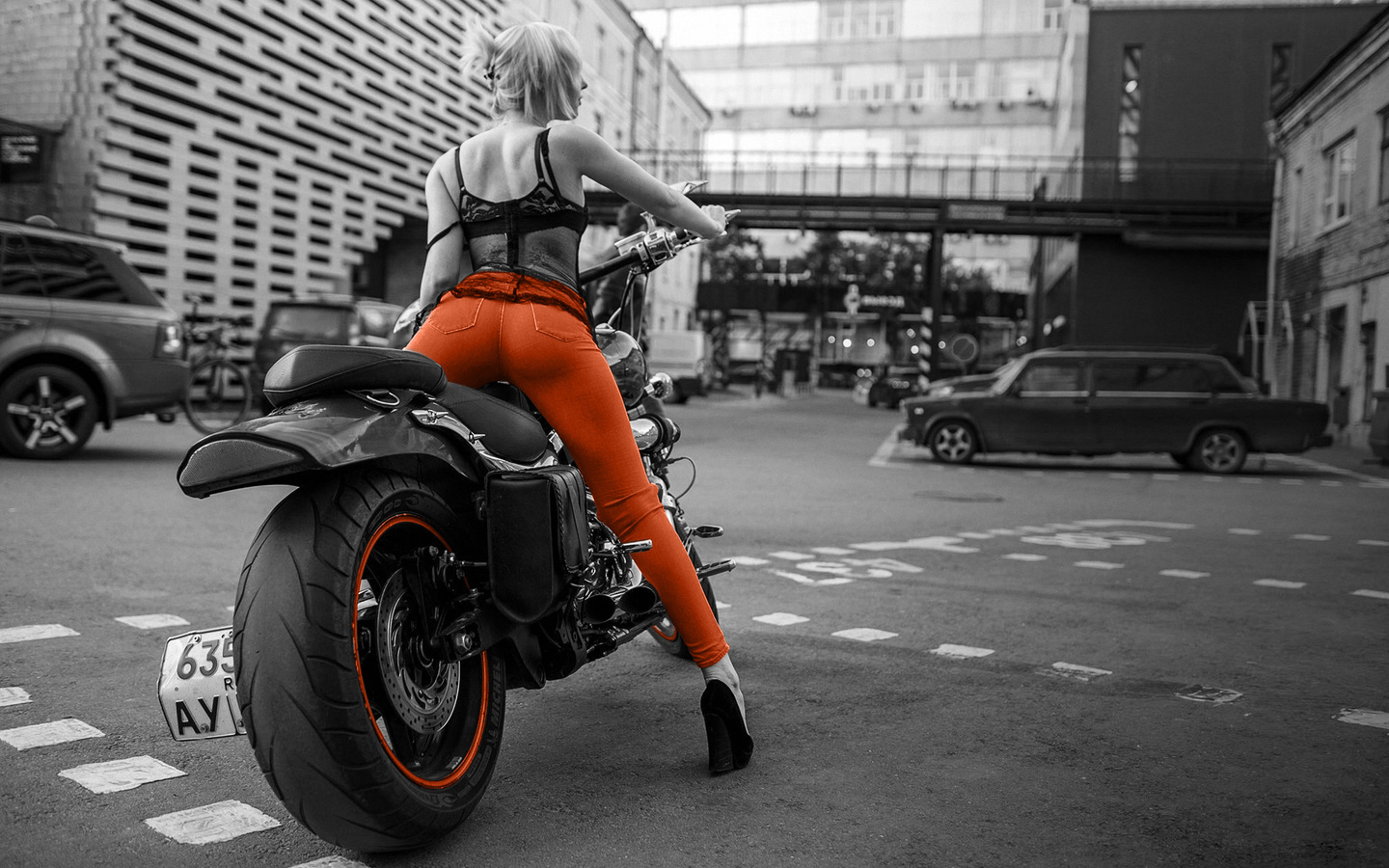 motorcycle, girl, model, blonde, city, road, ass, jeans, high heels, legs, women, cars, sexy, hot, cute