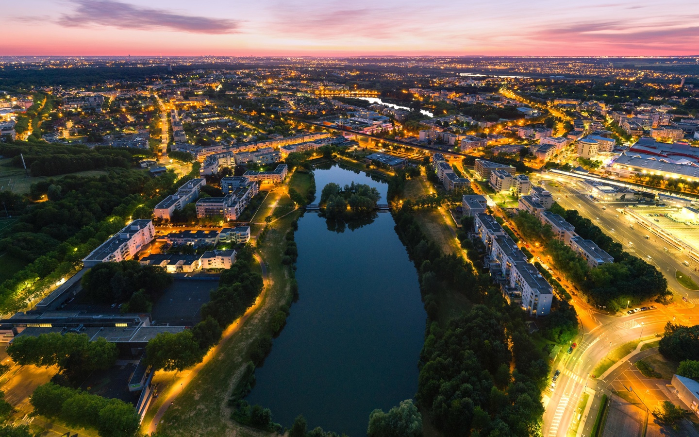 city, architecture, lake, lights, sunset