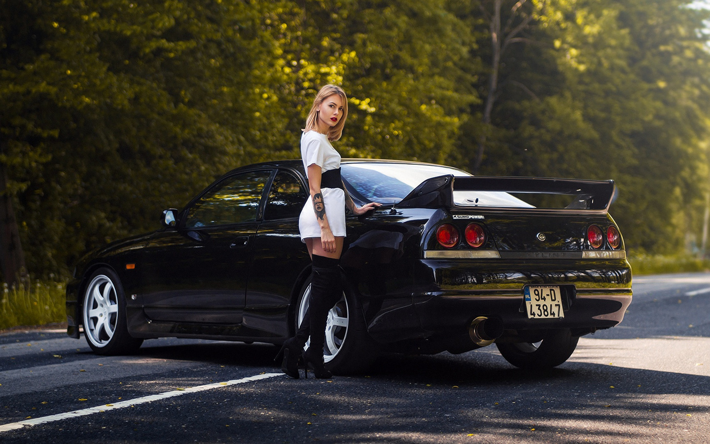 nissan skyline, r34, girl, women, city, black car, blonde, street, dress, tattoo, road