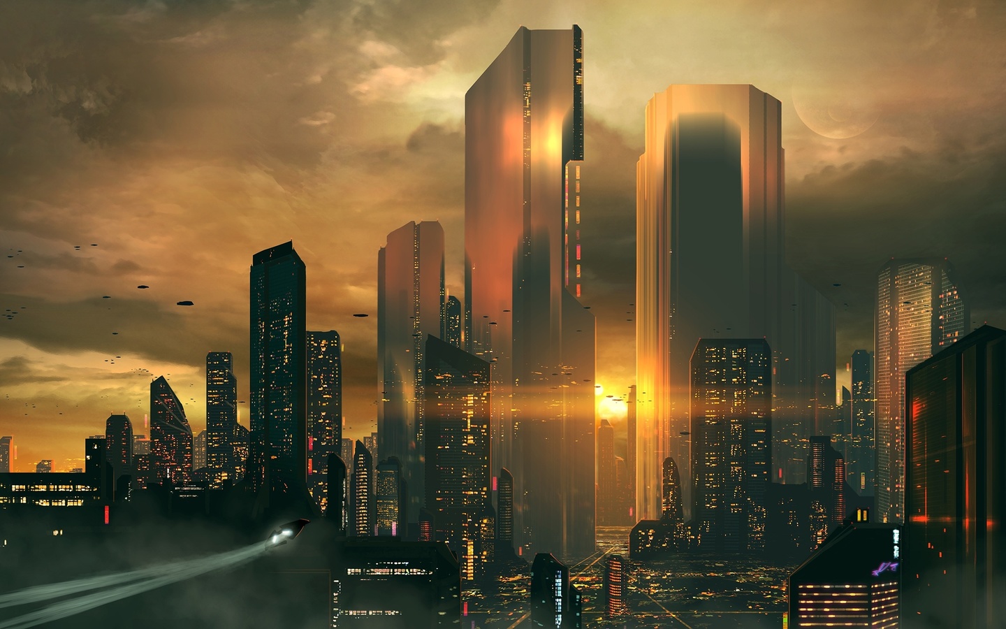 futuristic cityscape, skyscrapers, sunset