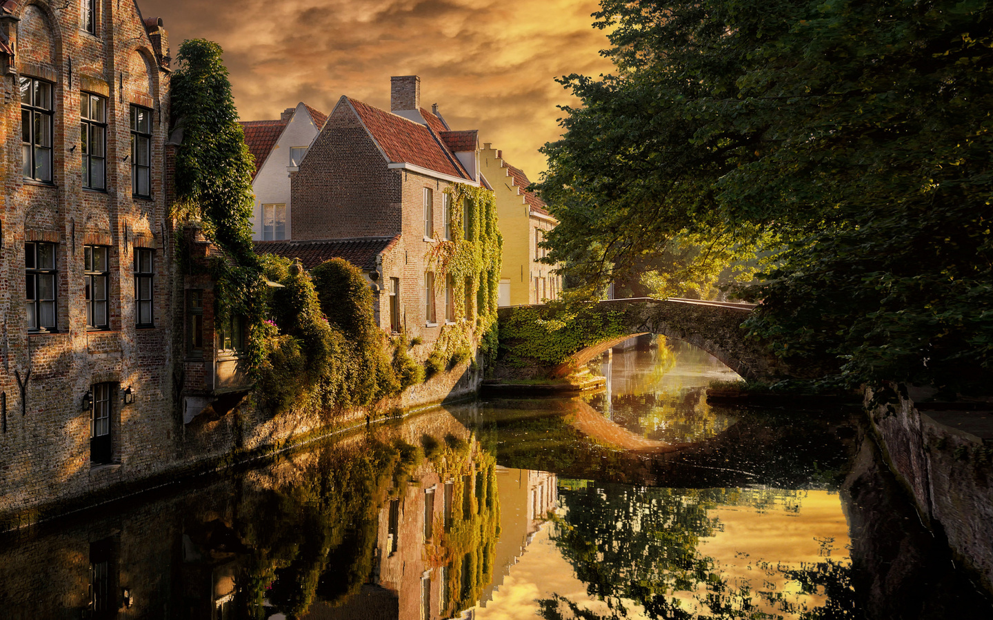 bruges, stone bridge, evening, sunset, brick buildings, brugge, cityscape, belgium