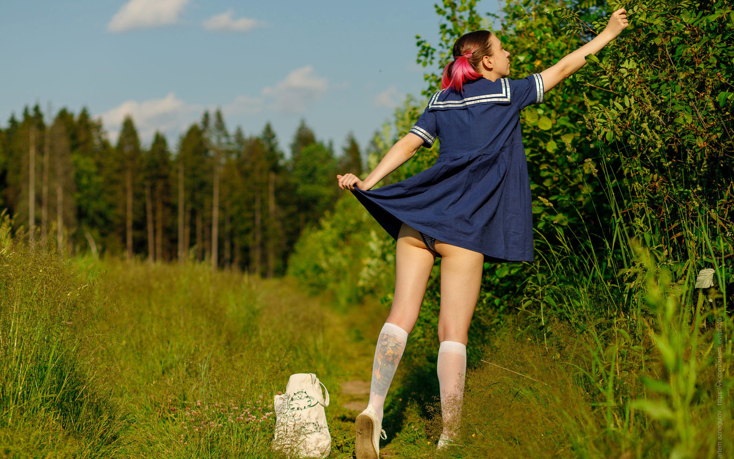 women, pigtails, dyed hair, blue dress, handbags, ass, panties, women outdoors, trees, tattoo, white stockings, sky, clouds, shoes