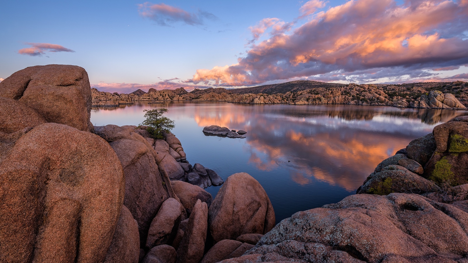 granite dells, lake, evening, sunset, stones, boulders of granite, prescott, arizona