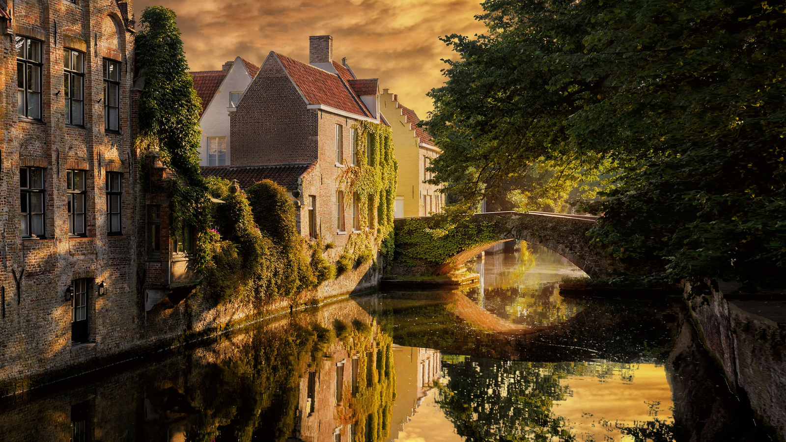 bruges, stone bridge, evening, sunset, brick buildings, brugge, cityscape, belgium