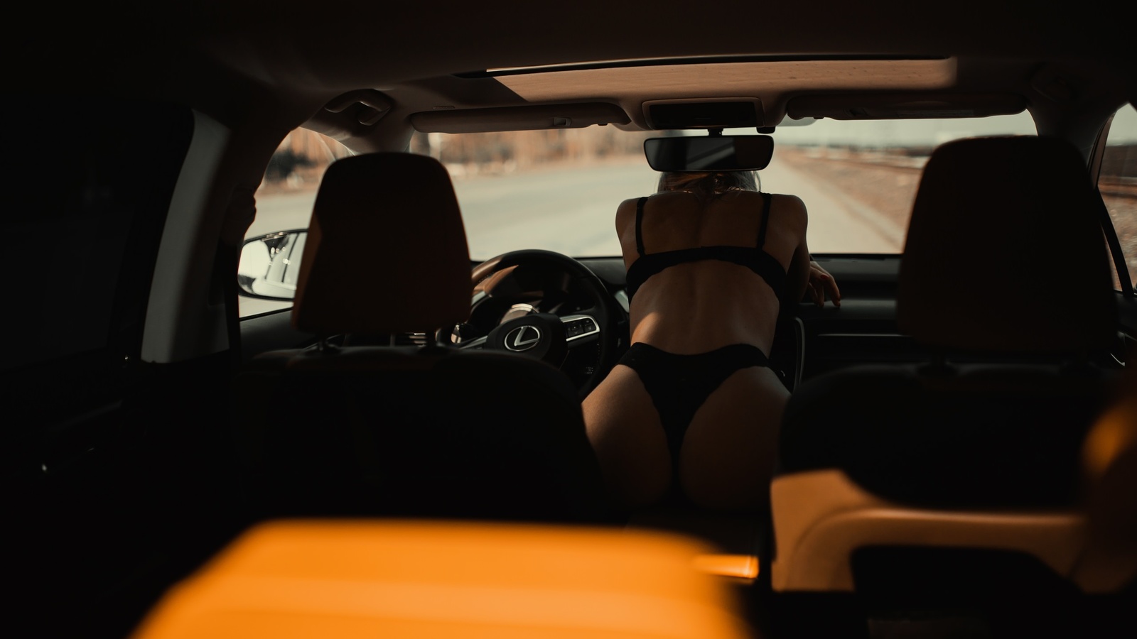 women, alexander belavin, black lingerie, ass, women with cars, back, brunette, car