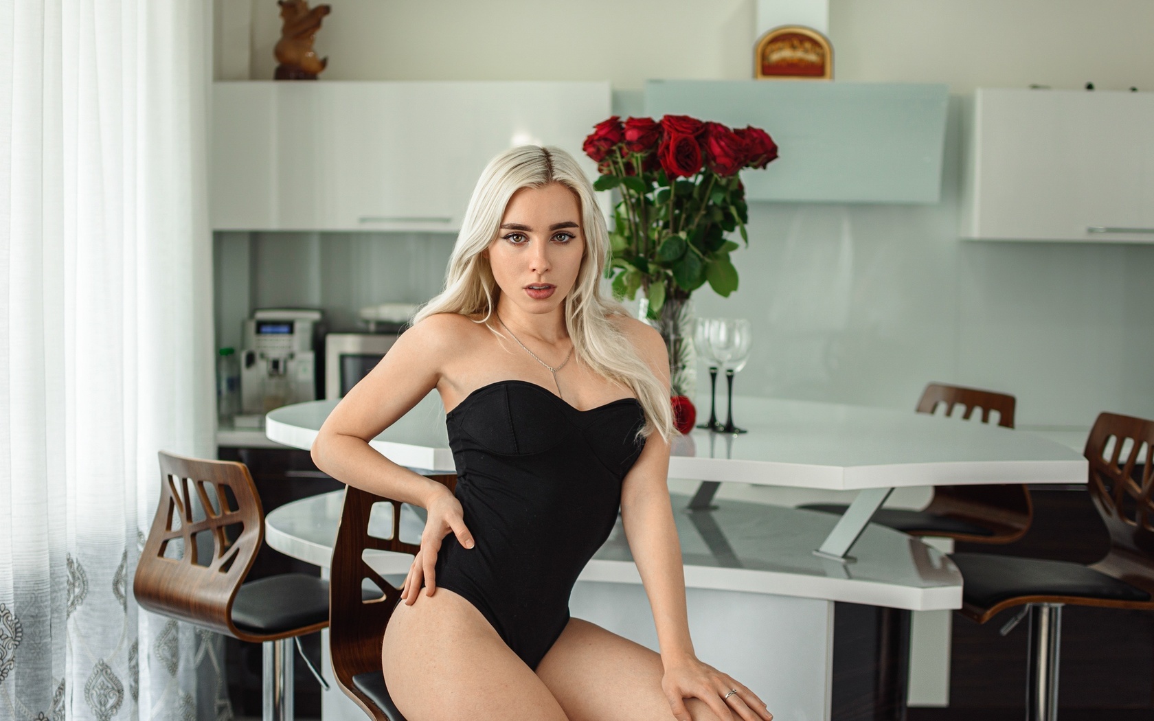 women, body lingerie, sitting, women indoors, black lingerie, blonde, drinking glass, roses, kitchen, one-piece-lingerie