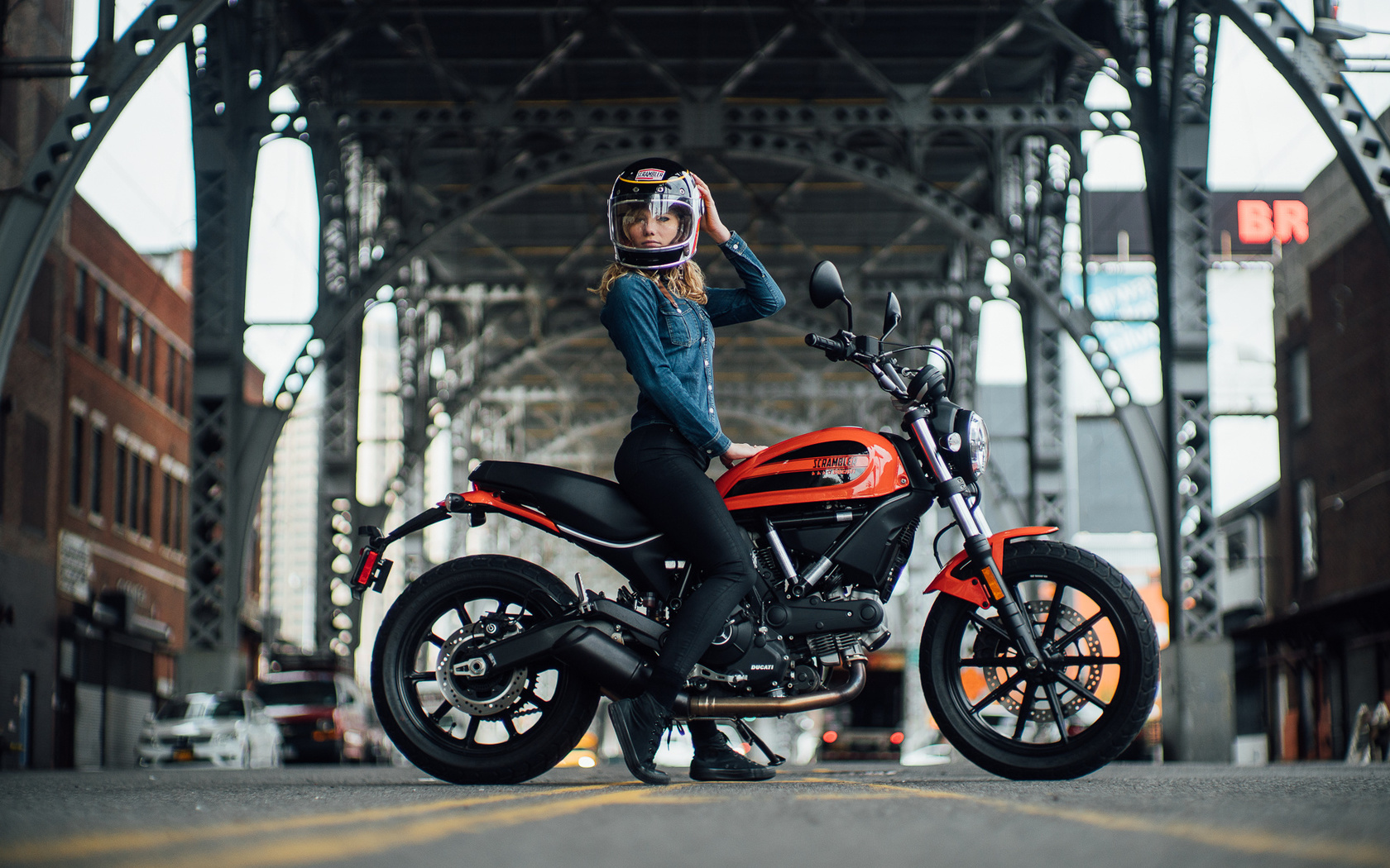 motorcycle, ducati, sexy, road, girl, women, city, bridge, blonde, model, jeans, scrambler