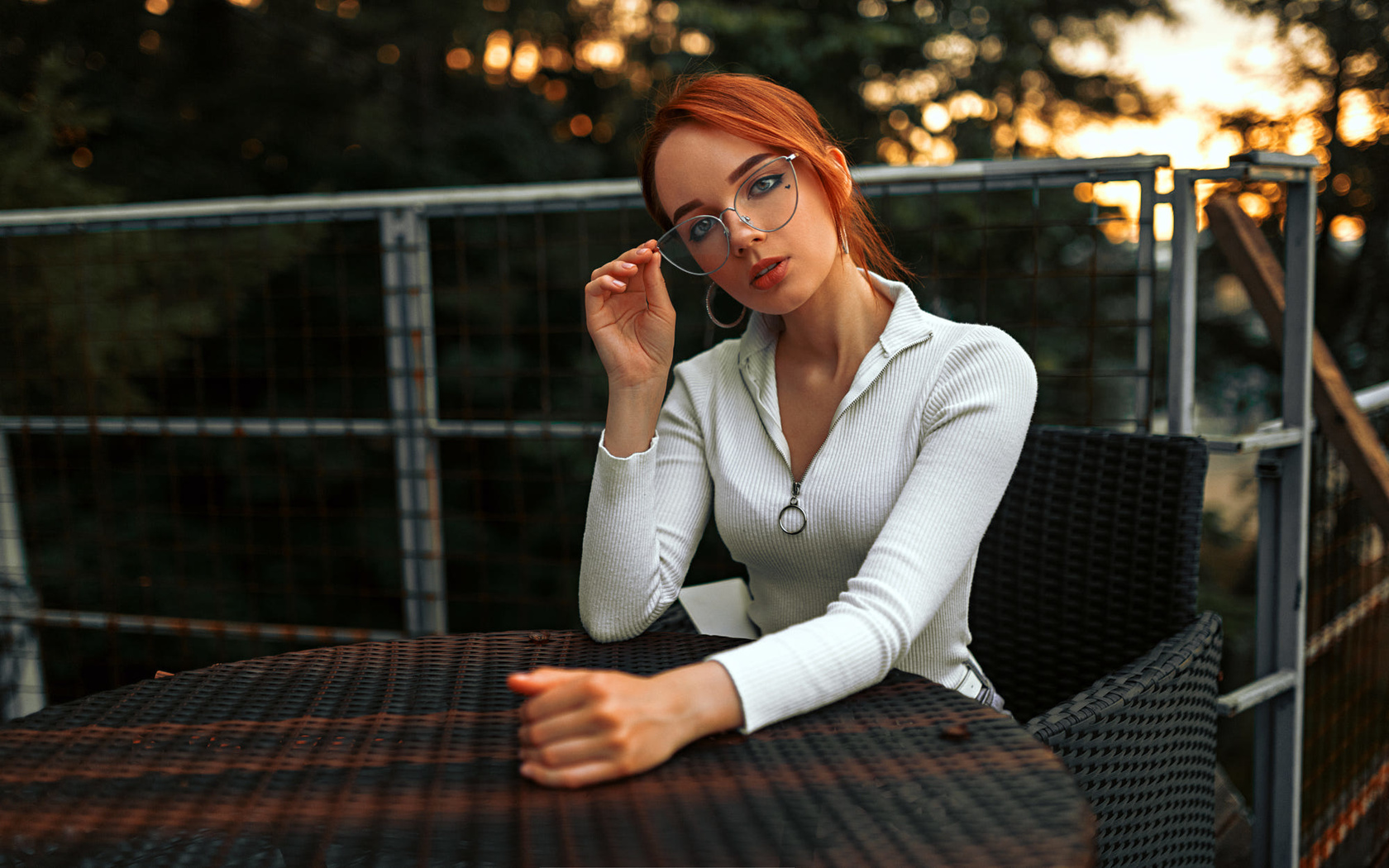 women, redhead, chair, table, women outdoors, hoop earrings, sitting, portrait, women with glasses, glasses