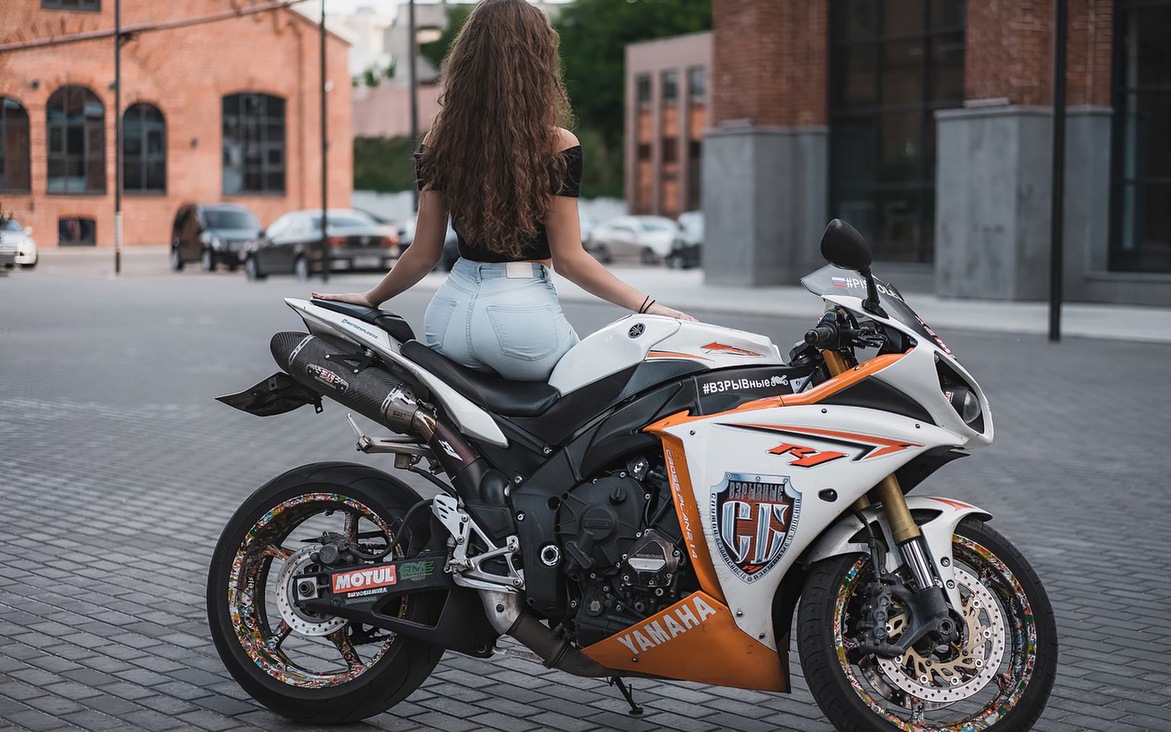 motorcycle, girl, yamaha, r1, road, city, street, brunette, jeans, brown hair, sexy