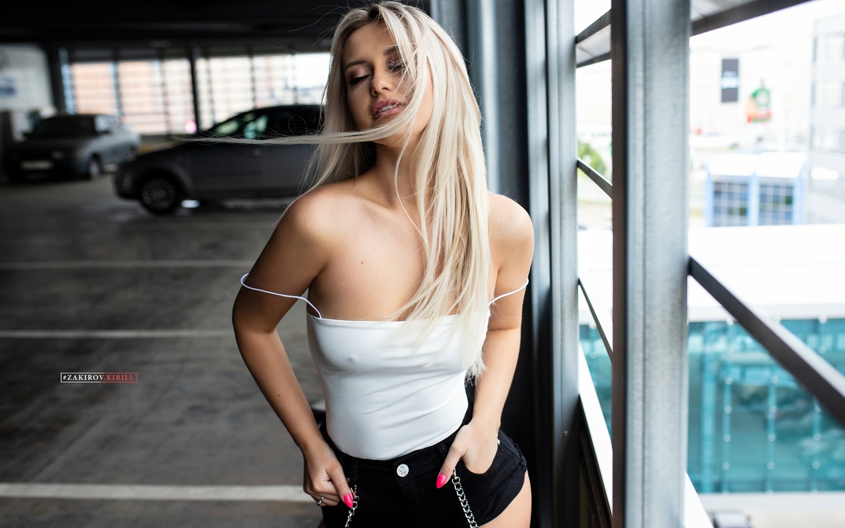 women, blonde, car, women indoors, closed eyes, nipples through clothing, jean shorts, brunette, kirill zakirov, hair in face, bare shoulders, parking lot