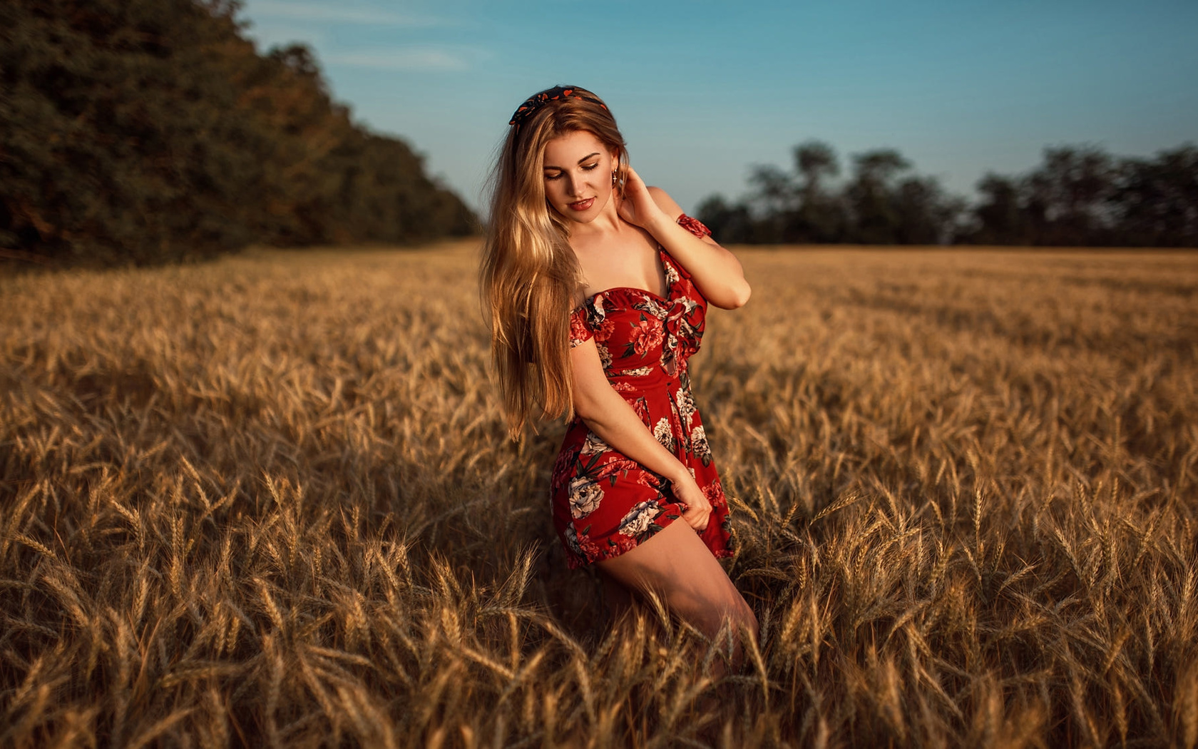 women, blonde, red dress, women outdoors, smiling, long hair, hairband, bare shoulders