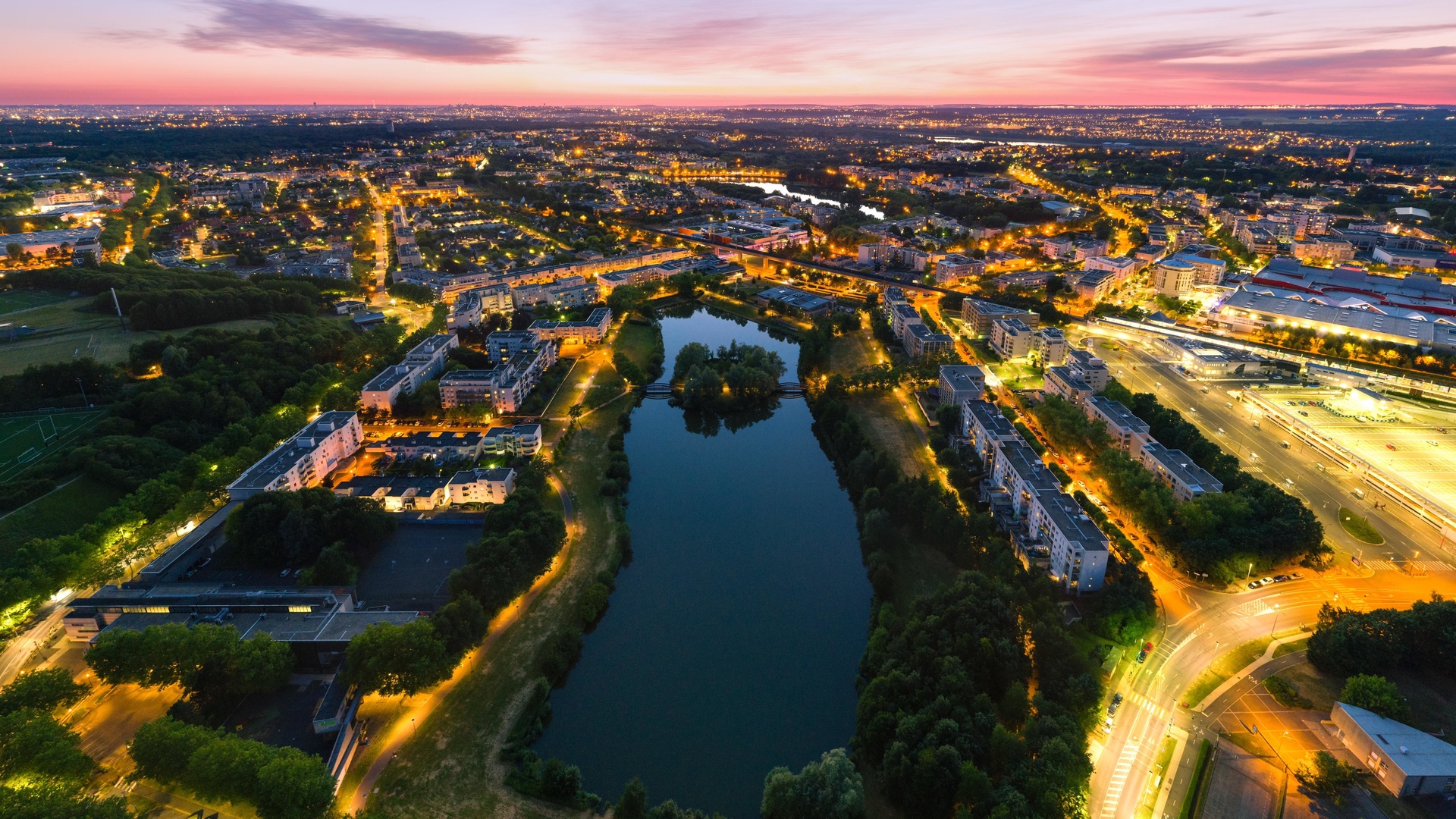 city, architecture, lake, lights, sunset