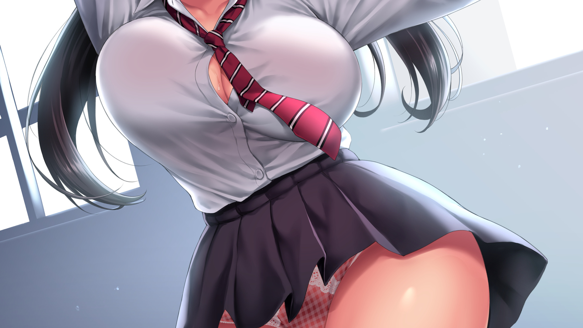 beautiful, girl, anime, school, skirt, panties, boobs, window, sexy, cute