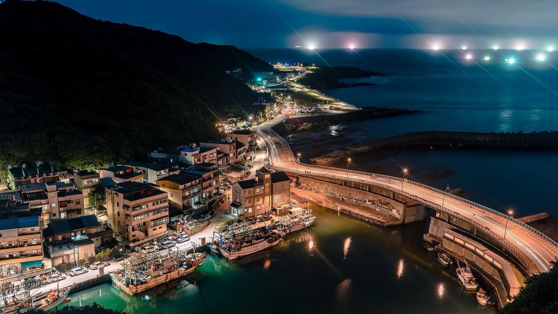 port of keelung, nightscapes, keelung harbor, ocean, asian cities, keelung, taiwan, asia