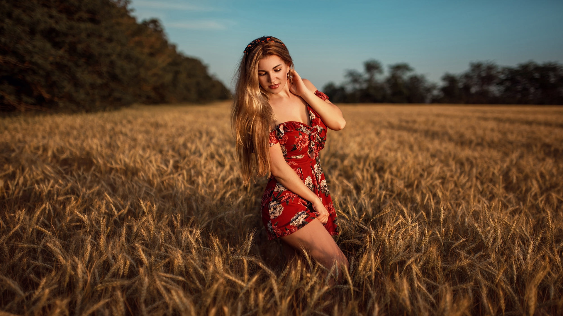 women, blonde, red dress, women outdoors, smiling, long hair, hairband, bare shoulders