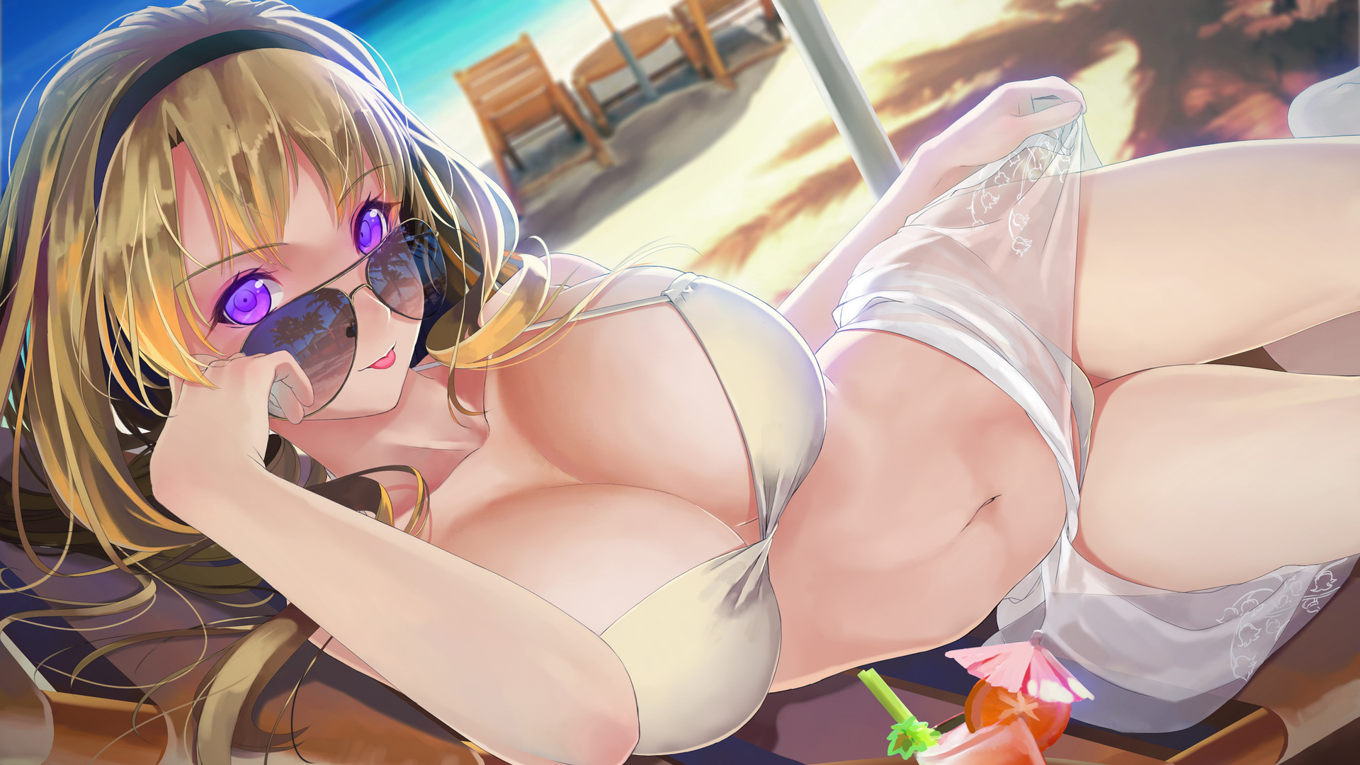 anime, girl, beach, sunglasses, blonde, bikini, sexy, drink, palms, sun, cute, pretty, beautiful