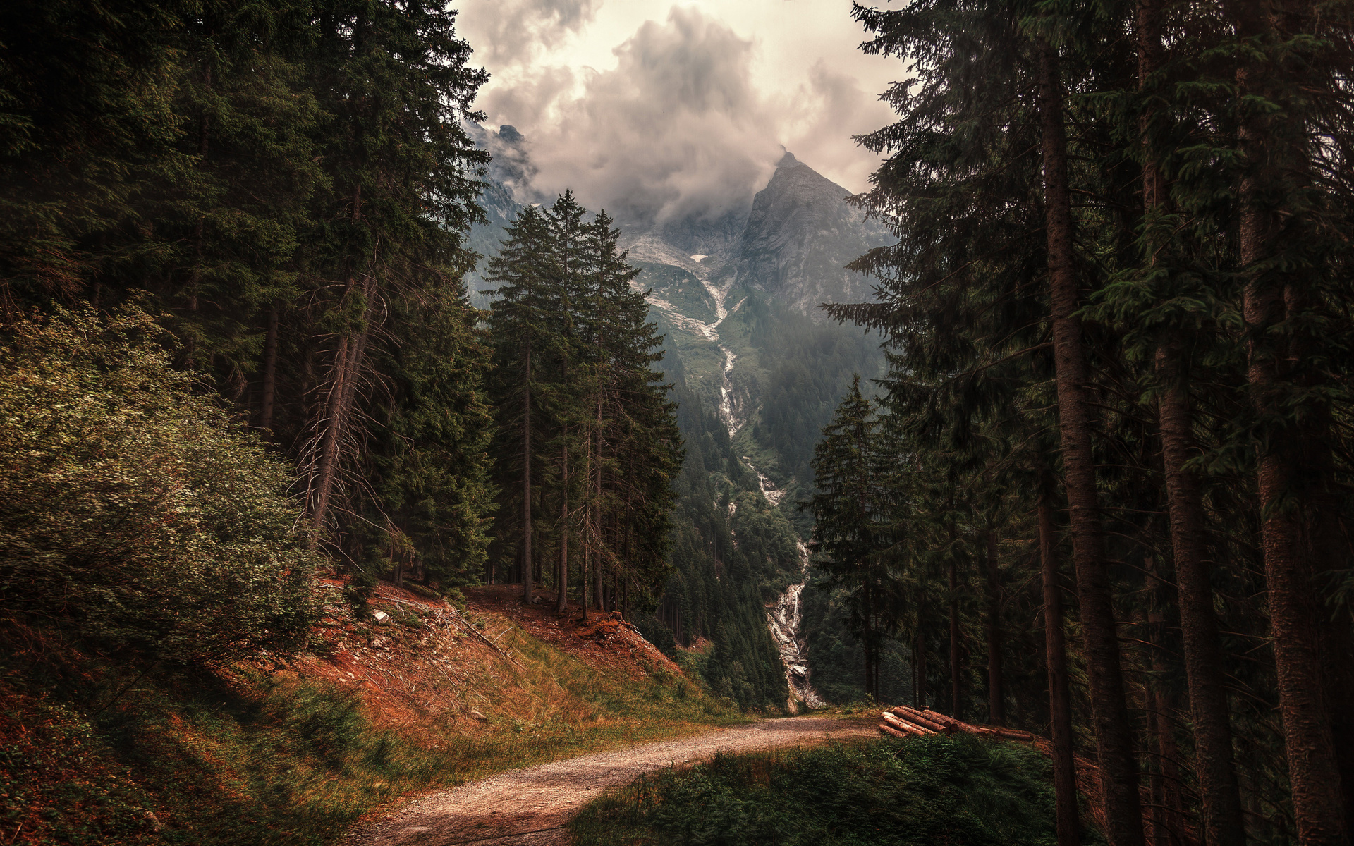 alps, evening, sunset, waterfall, forest, mountain landscape, green trees