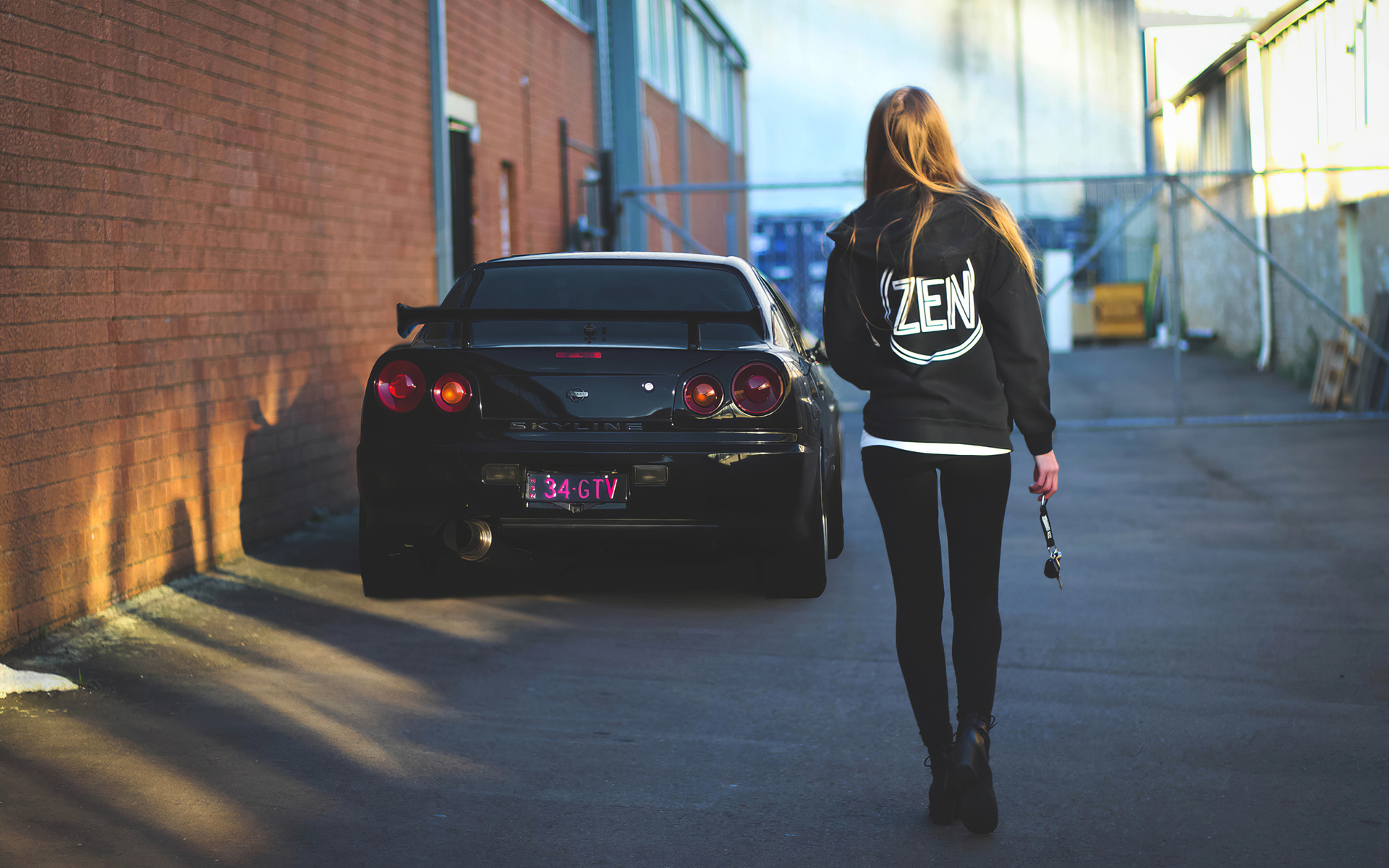 nissan skyline, r34, girl, women, city, black car, blonde, street,  