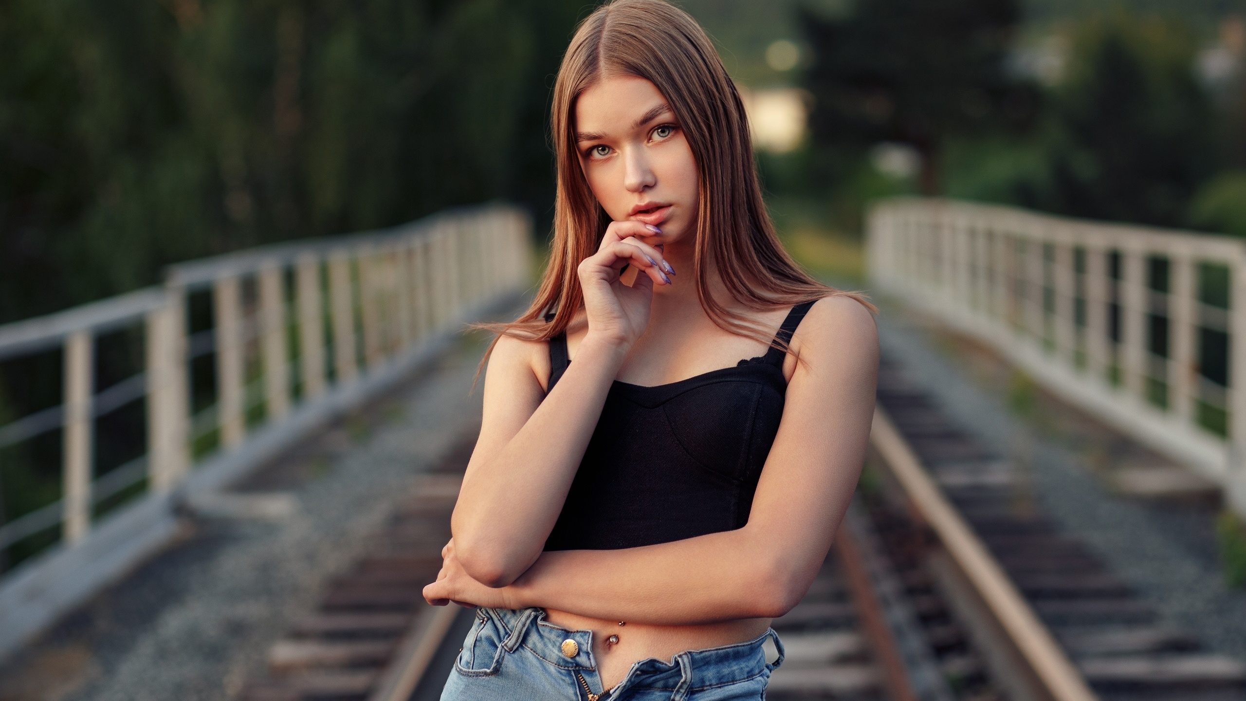 women, pierced navel, finger on lips, railway, women outdoors, zipper, denim, portrait