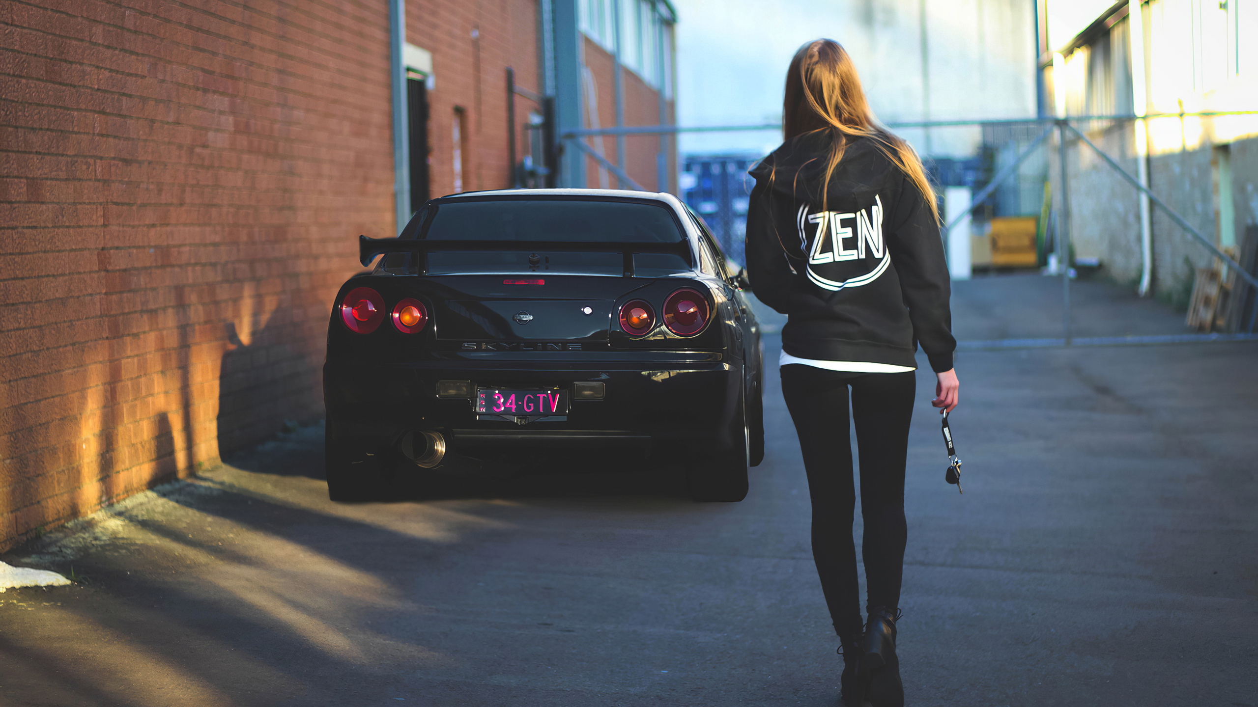 nissan skyline, r34, girl, women, city, black car, blonde, street,  