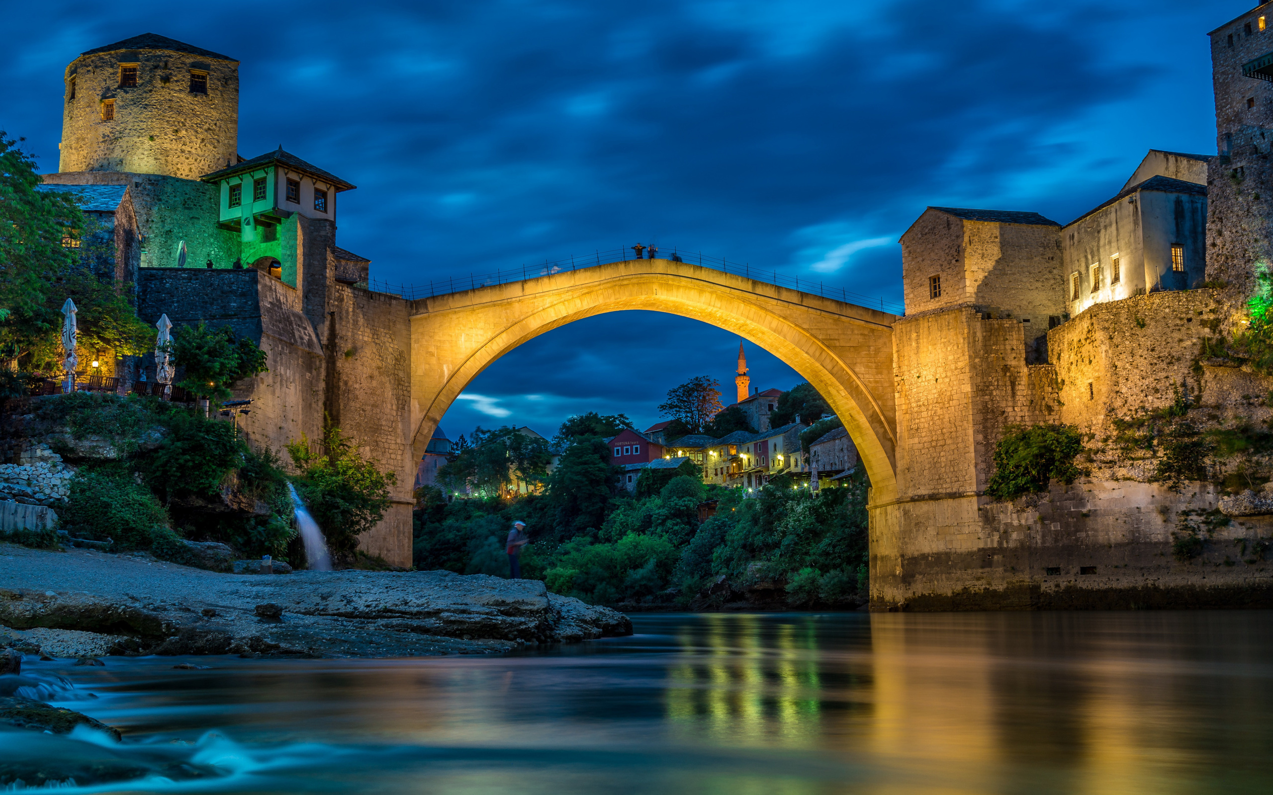 mostar, neretva river, evening, sunset, stone bridge, river, landmark, bosnia and herzegovina
