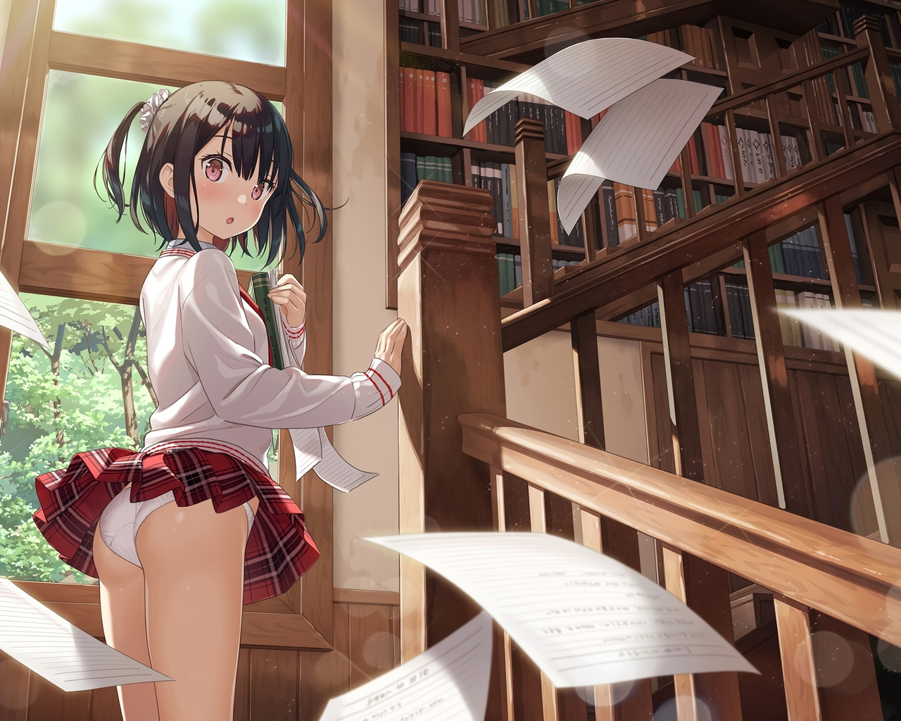 girl, sexi, women, brunette, miniskirt, colors, perfect, library, anime, panties, school, stairs, window, cute, beautiful, pretty