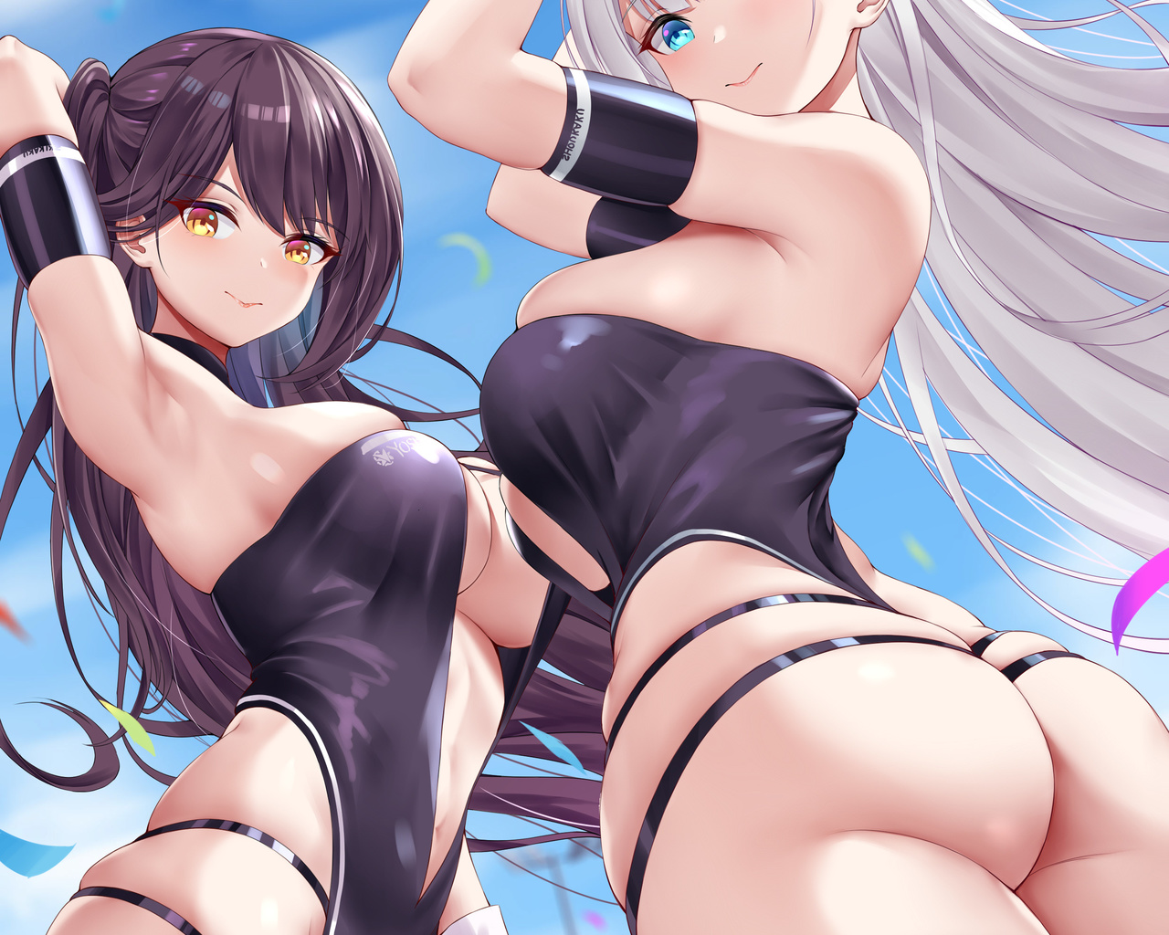 azur lane, ass, girls, sexy, no bra, anime, skirt, stockings, blonde, brunette