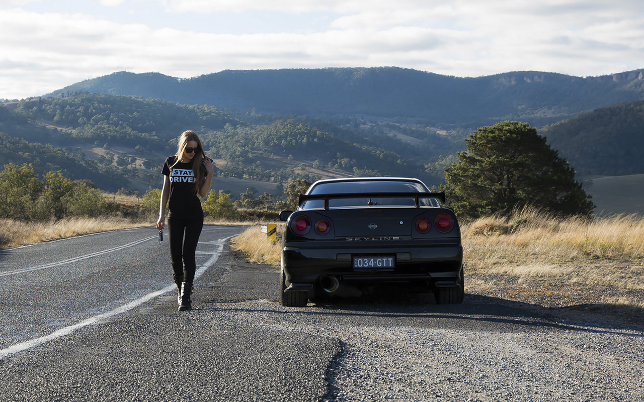 nissan skyline, r34, road, car, black car, nature, girl, blonde