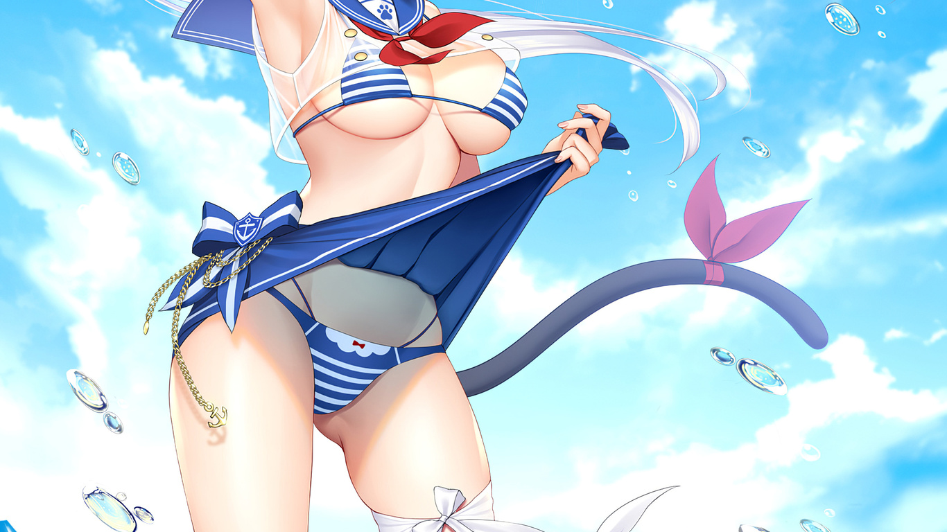 bikini, anime, girl, beach, sexy, cat, clouds, sky, beautiful, cute, pretty, water, wet