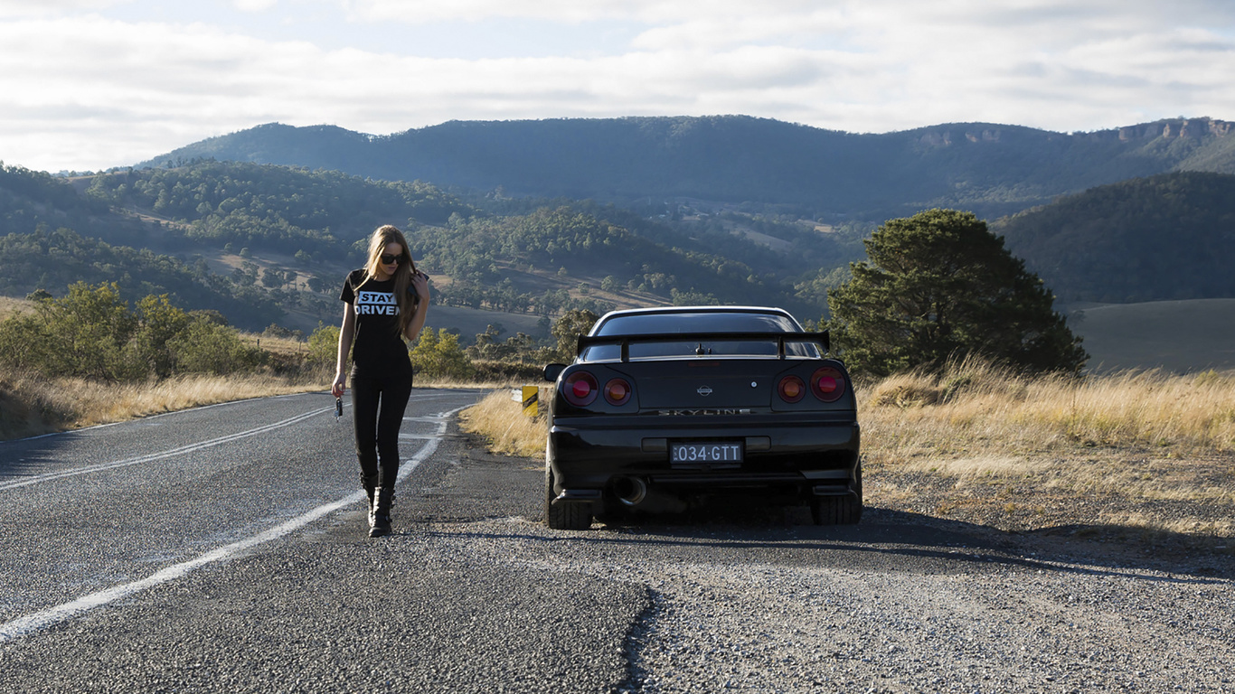 nissan skyline, r34, road, car, black car, nature, girl, blonde