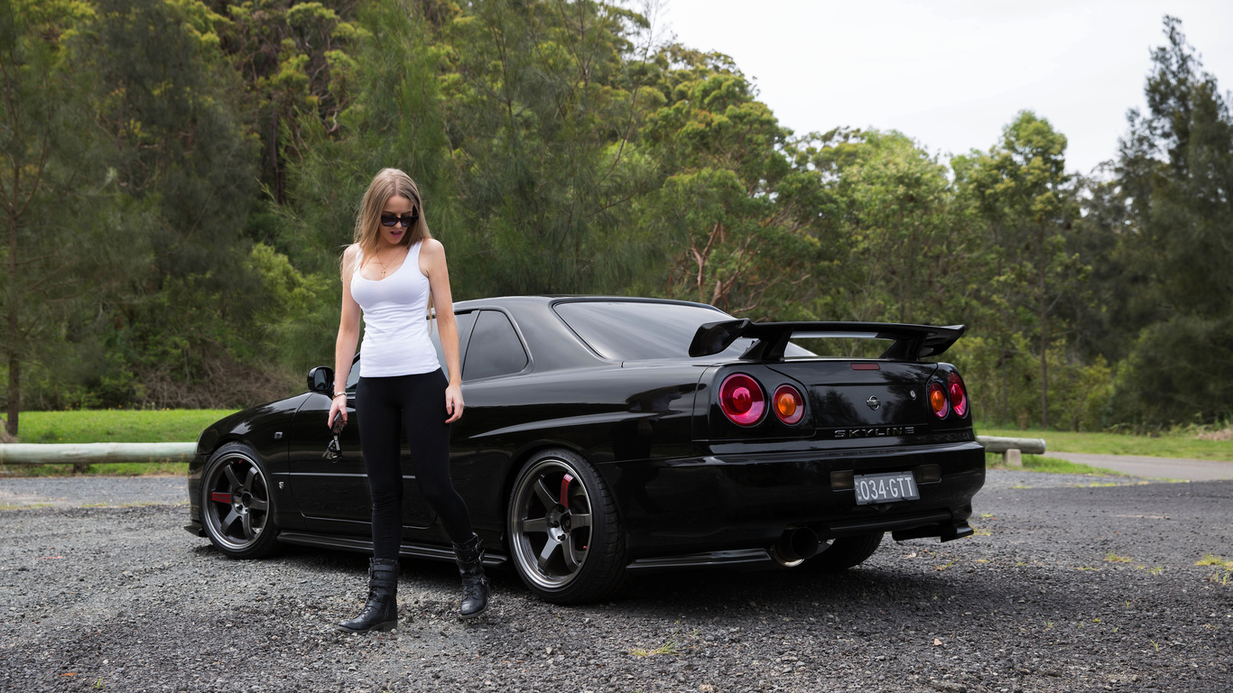 nissan skyline, r34, road, car, black car, nature, girl, blonde, glasses