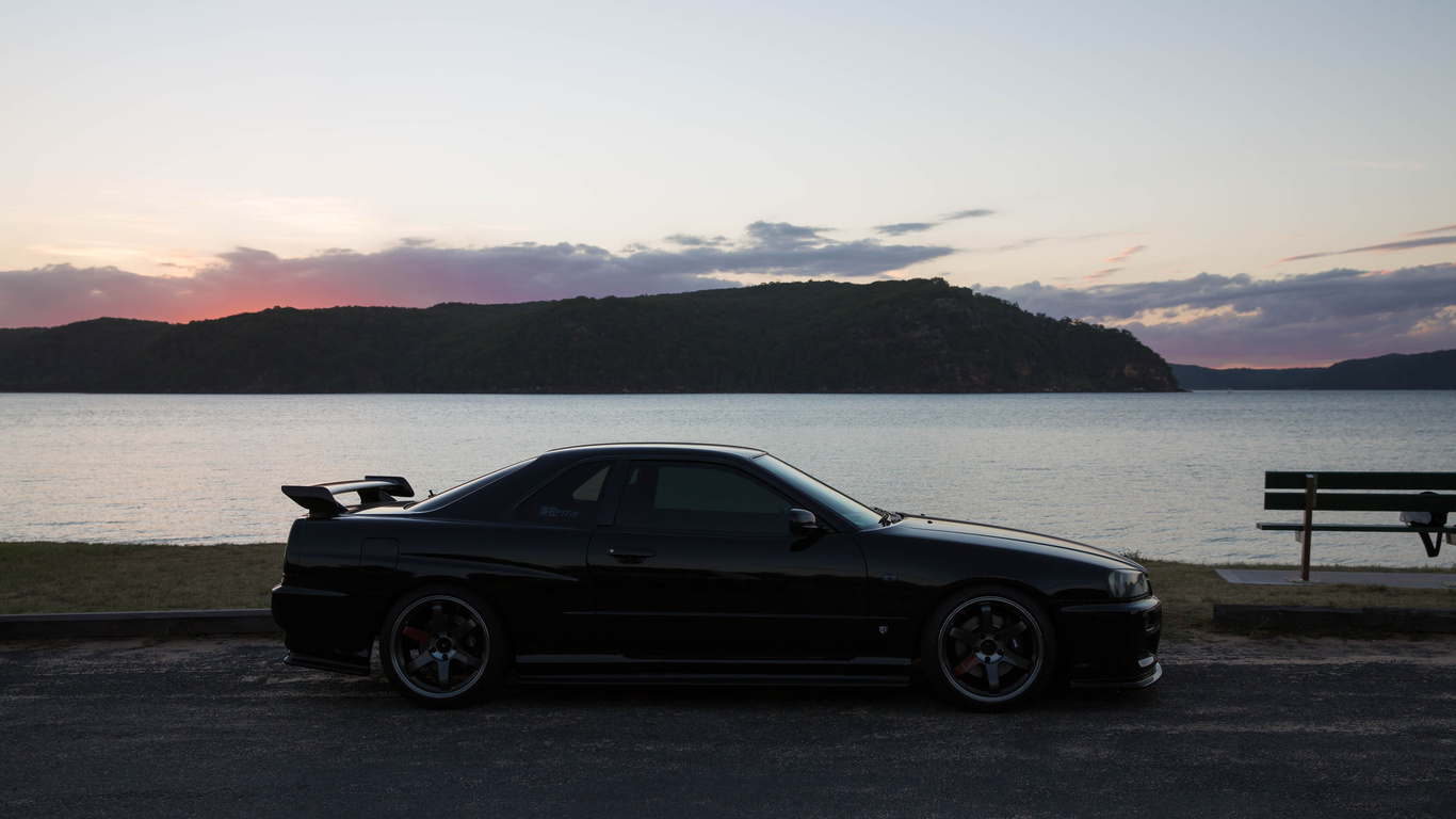 nissan skyline, r34, road, car, black car, nature, lake