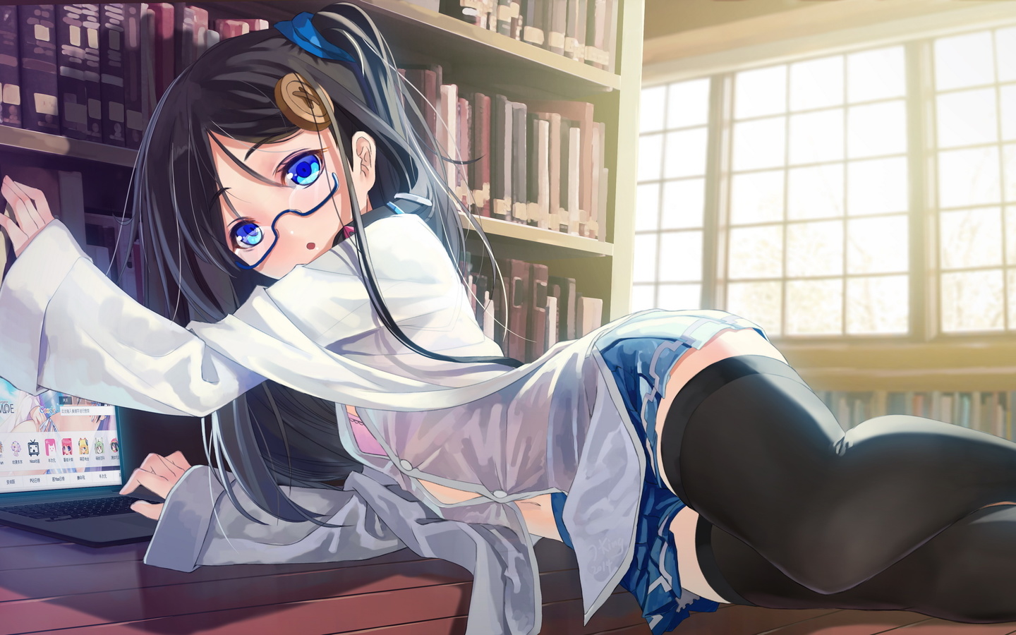 library, anime, girl, glasses, laptop, miniskirt, blue eyes, window, trees, stockings, beautiful, transparent, cute, black hair, sexy