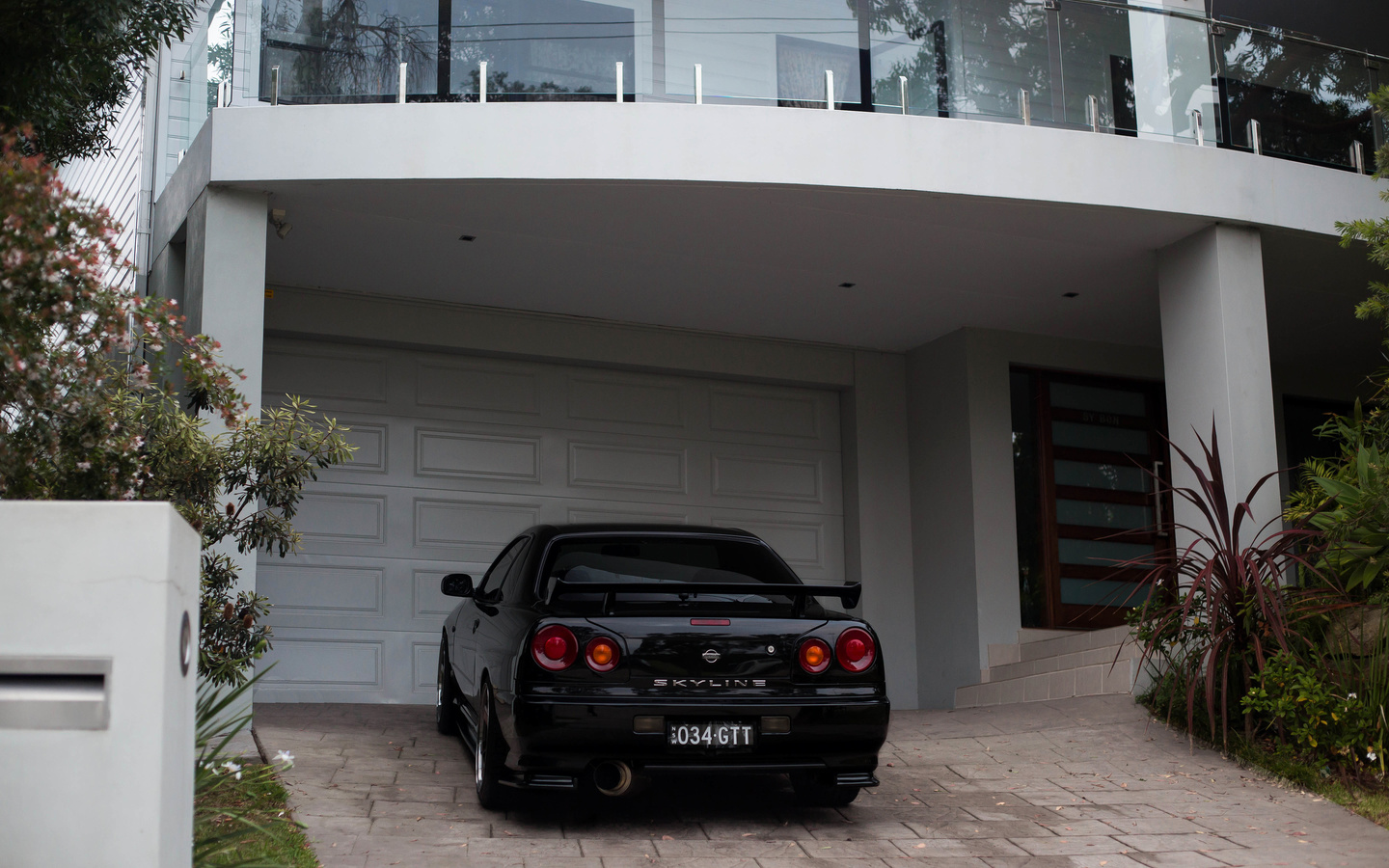 nissan skyline, r34, road, car, black car, house