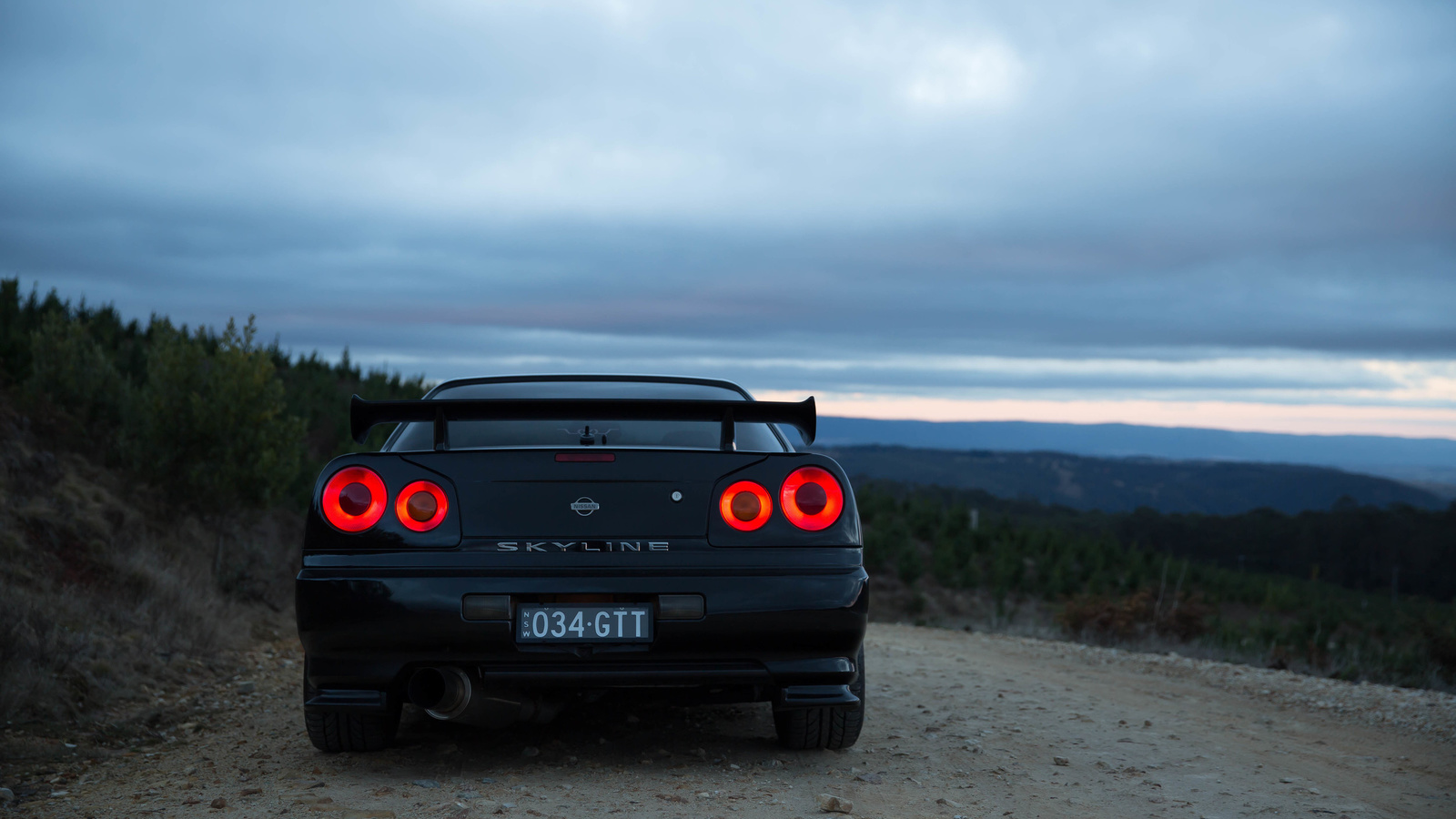 nissan skyline, r34, road, car, black car, nature