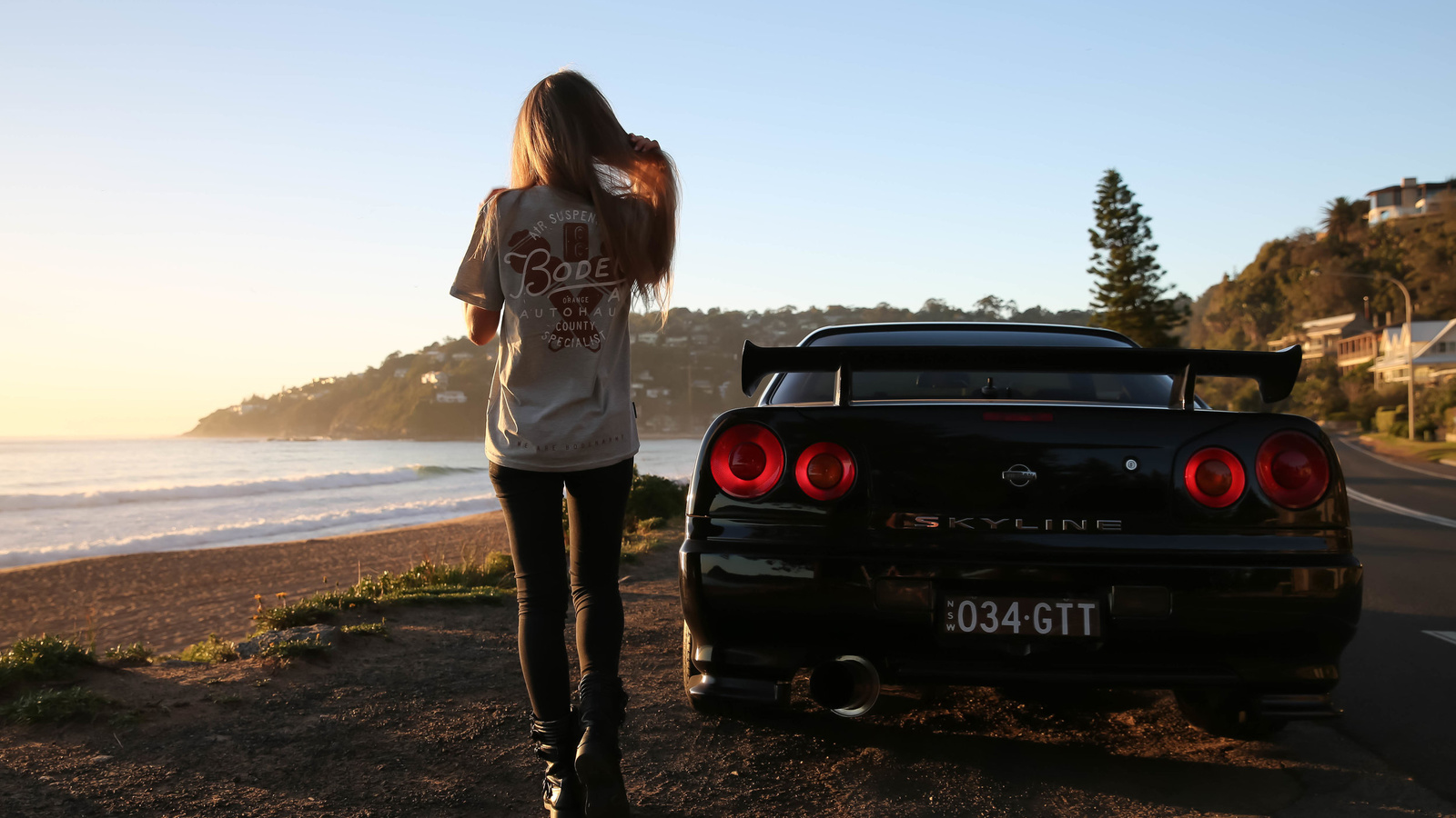 nissan skyline, r34, road, car, black car, nature, girl, blonde, beach