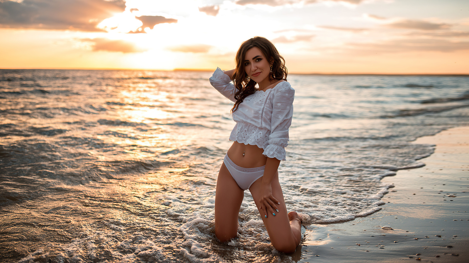 women, brunette, sunset, beach, sea, women outdoors, smiling, belly, pierced navel, white clothing, kneeling