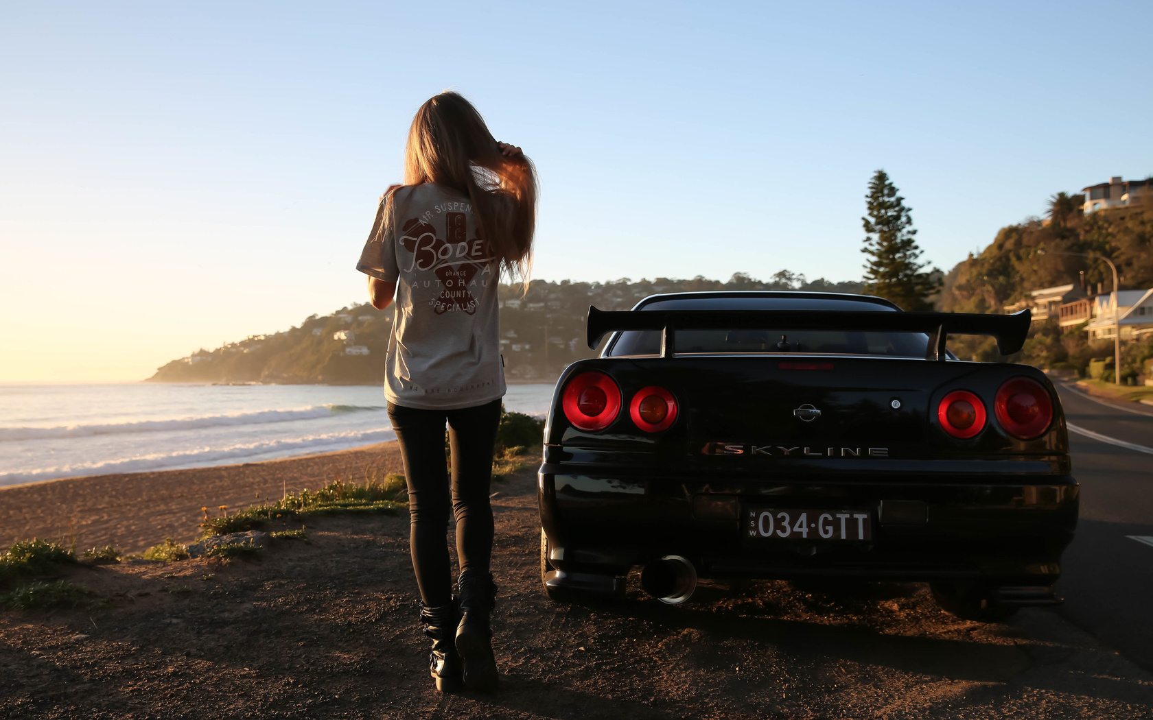 nissan skyline, r34, road, car, black car, nature, girl, blonde, beach