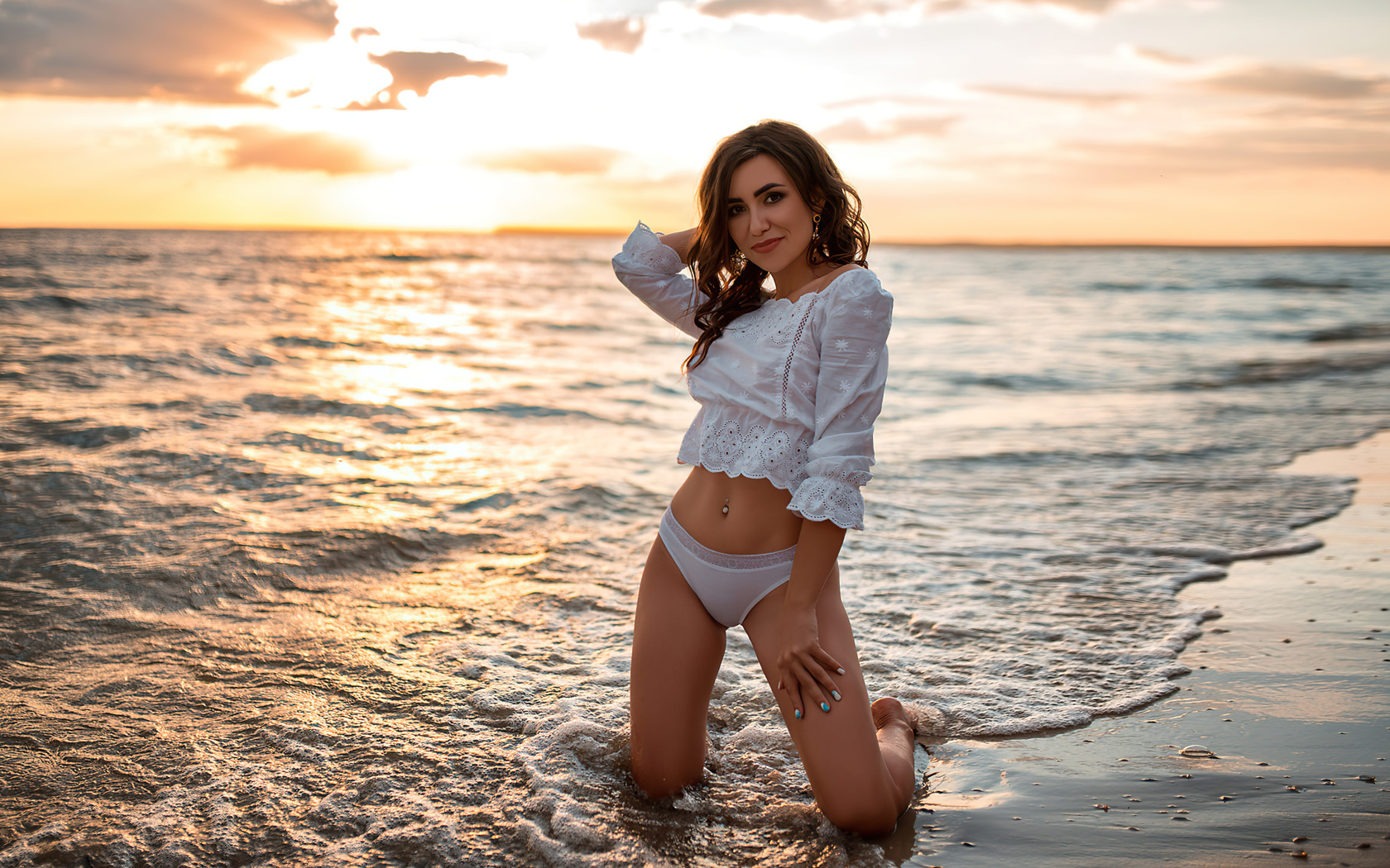 women, brunette, sunset, beach, sea, women outdoors, smiling, belly, pierced navel, white clothing, kneeling