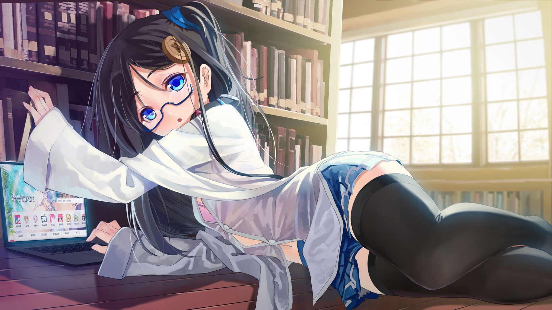 library, anime, girl, glasses, laptop, miniskirt, blue eyes, window, trees, stockings, beautiful, transparent, cute, black hair, sexy