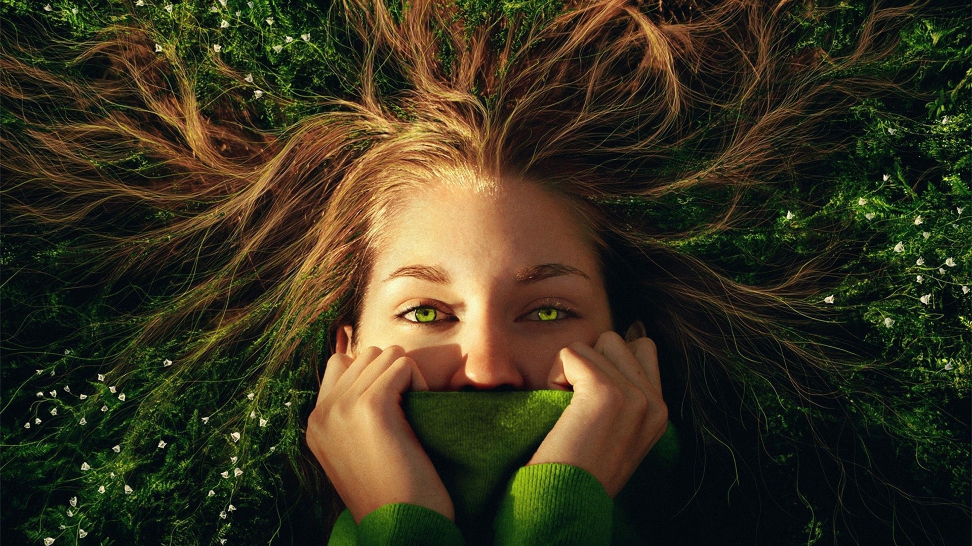 girl, grass, hair, face, hand